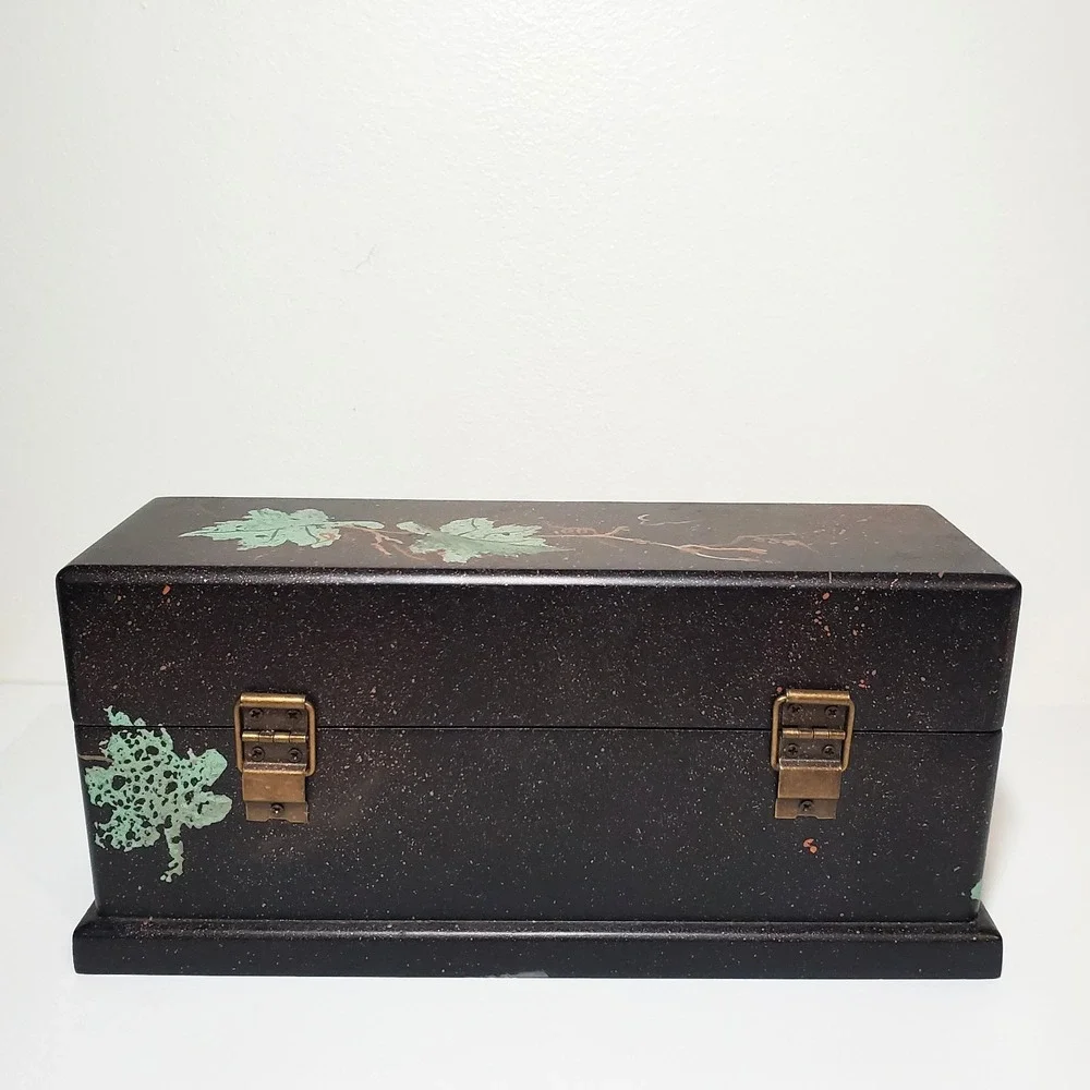 Jewelry Box‎ Handpainted with leaf motif Fall Foliage Gold Green Black